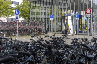 Cycling in Münster, large bicycle parking area in front of Münster main station, bicycle station,
