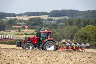 Tractor ploughs up a harvested grain field, south of Billerbeck in Münsterland, North