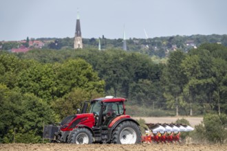 Tractor ploughs up a harvested grain field, south of Billerbeck in Münsterland, North