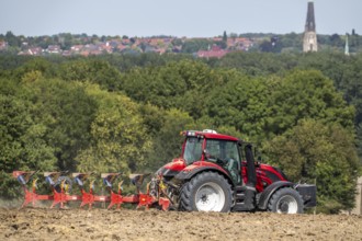Tractor ploughs up a harvested grain field, south of Billerbeck in Münsterland, North