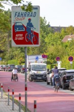Cycling in Münster, cycle lane, Goldstraße, red asphalt and pictograms indicate to motorists that