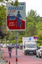 Cycling in Münster, cycle lane, Goldstraße, red asphalt and pictograms indicate to motorists that