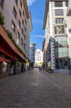 Beautiful City Street with Building and Shop with Blue Sky in a Sunny Summer Day in St Moritz,