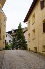 Beautiful Street in Old Town with a Tree in a Summer Day in Samedan, Grisons, Switzerland