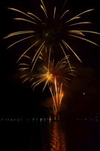 Beautiful Fireworks Display at Night over Lake Lugano in Ponte Tresa, Lombardy, Italy