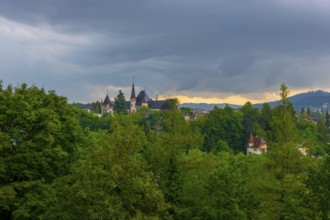 Beautiful House with Tower in the Forest in a Rainy Day with Overcast Sky in City of Bern, Canton