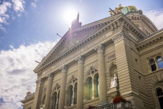 Beautiful Bundeshaus Parliament Building or Federal Palace in a Sunny Day with Sunlight and Lens