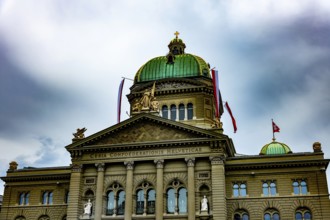 Beautiful Bundeshaus Parliament Building or Federal Palace with Storm Clouds in City of Bern,
