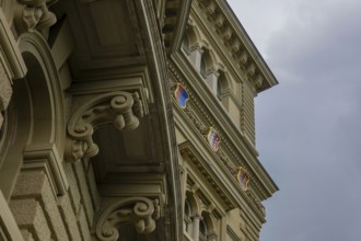 Beautiful Bundeshaus Parliament Building or Federal Palace with Canton Shield and Storm Clouds in
