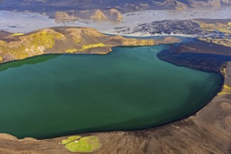 Mountain landscape, river, river delta, river course, lake, volcanic landscape, sunny, aerial view,