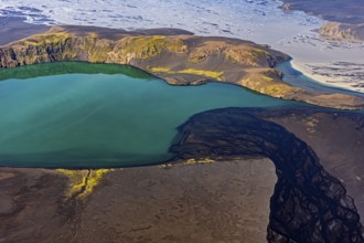 Mountain landscape, river, river delta, river course, lake, volcanic landscape, sunny, aerial view,