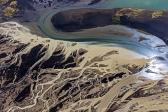 Mountain landscape, river, river delta, river course, volcanic landscape, sunny, aerial view,