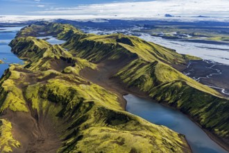 Mountain landscape, lake, lake district, volcanic landscape, sunny, aerial view, summer, Langisjör,