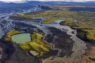 Mountain landscape, lake, river, river delta, sunny, aerial view, summer, Langisjör, Icelandic