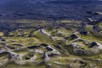 Volcanic landscape, volcanic crater, sunny, aerial view, summer, Laki, Lakagigar, Vatnajökull