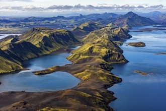 Mountain landscape, lake, lake district, volcanic landscape, sunny, aerial view, summer, Langisjör,