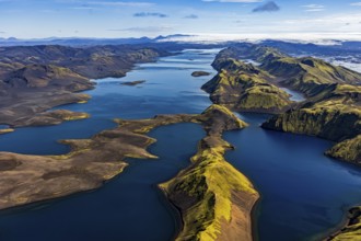 Mountain landscape, lake, lake district, volcanic landscape, sunny, aerial view, summer, Langisjör,