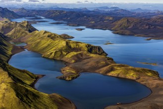 Mountain landscape, lake, lake district, volcanic landscape, sunny, aerial view, summer, Langisjör,