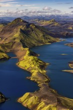 Mountain landscape, lake, lake district, volcanic landscape, sunny, aerial view, summer, Langisjör,