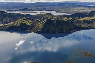 Mountain landscape, lake, lake district, volcanic landscape, backlight, sunny, aerial view, summer,
