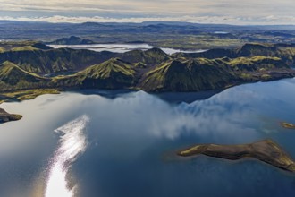 Mountain landscape, lake, lake district, volcanic landscape, backlight, sunny, aerial view, summer,