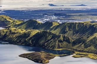 Mountain landscape, lake, lake district, volcanic landscape, backlight, sunny, aerial view, summer,