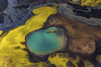 Mountain landscape, lake, river, river delta, sunny, aerial view, summer, Langisjör, Icelandic
