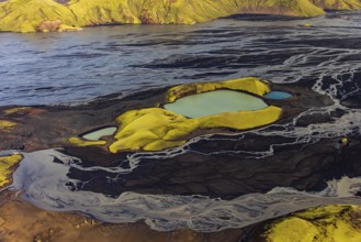 Mountain landscape, lake, river, river delta, sunny, aerial view, summer, Langisjör, Icelandic