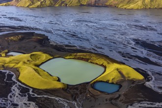 Mountain landscape, lake, river, river delta, sunny, aerial view, summer, Langisjör, Icelandic