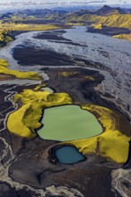 Mountain landscape, lake, river, river delta, sunny, aerial view, summer, Langisjör, Icelandic