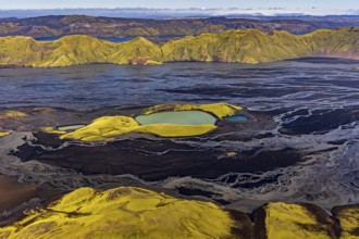 Mountain landscape, lake, river, river delta, sunny, aerial view, summer, Langisjör, Icelandic