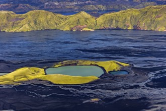 Mountain landscape, lake, river, river delta, sunny, aerial view, summer, Langisjör, Icelandic