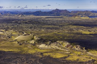 Volcanic landscape, volcanic crater, sunny, aerial view, summer, Laki, Lakagigar, Vatnajökull