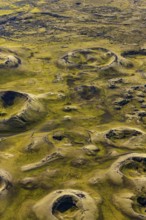Volcanic landscape, volcanic crater, sunny, backlight, aerial view, summer, Laki, Lakagigar,