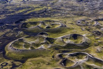 Volcanic landscape, volcanic crater, sunny, backlight, aerial view, summer, Laki, Lakagigar,
