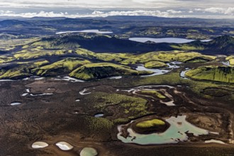 Mountain landscape, lake, volcanic landscape, sunny, backlight, aerial view, summer, Langisjör,