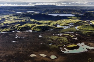 Mountain landscape, lake, volcanic landscape, sunny, backlight, aerial view, summer, Langisjör,