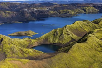 Mountain landscape, lake, lake district, volcanic landscape, sunny, aerial view, summer, Langisjör,