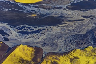 Mountain landscape, river, river delta, sunny, aerial view, summer, Langisjör, Icelandic Highlands,