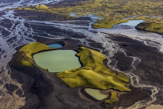 Mountain landscape, lake, river, river delta, sunny, aerial view, summer, Langisjör, Icelandic