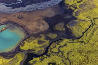 Mountain landscape, lake, river, river delta, sunny, aerial view, summer, Langisjör, Icelandic