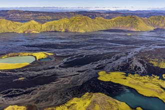 Mountain landscape, lake, river, river delta, sunny, aerial view, summer, Langisjör, Icelandic