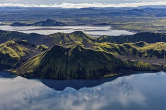 Mountain landscape, lake, lake district, volcanic landscape, backlight, sunny, aerial view, summer,