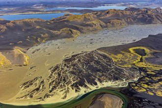 Mountain landscape, river, river delta, river course, volcanic landscape, sunny, aerial view,