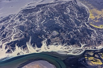 Mountain landscape, river, river delta, river course, volcanic landscape, sunny, aerial view,