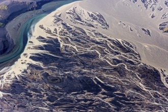 Mountain landscape, river, river delta, river course, volcanic landscape, sunny, aerial view,