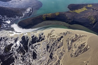 Mountain landscape, river, river delta, river course, volcanic landscape, sunny, aerial view,