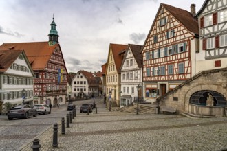Town hall and half-timbered houses in Backnang, Rems-Murr district, Baden-Württemberg, Germany