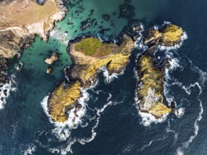 Top Down view over Kynance Cove from a drone, Mount's Bay, Lizard Point, Cornwall, England, United