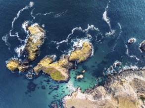 Top Down view over Kynance Cove from a drone, Mount's Bay, Lizard Point, Cornwall, England, United
